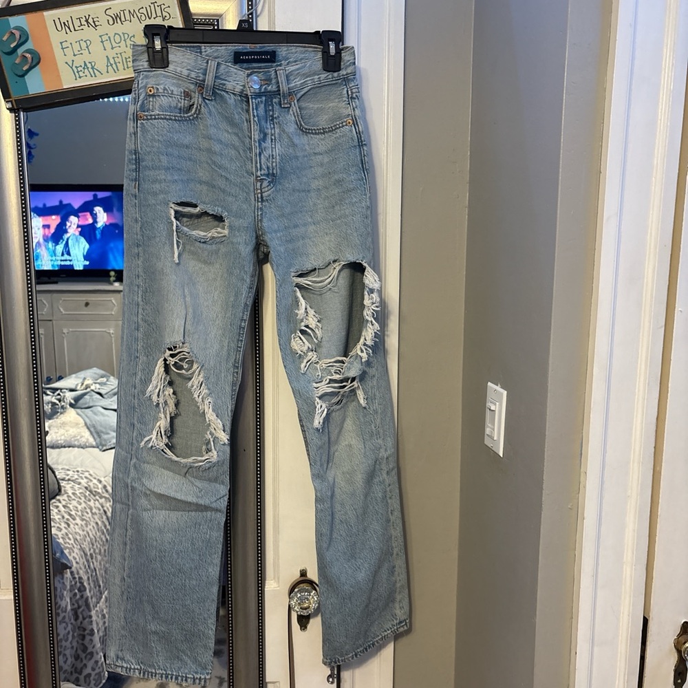 aeropostale Ripped Blue Straight Leg Jeans